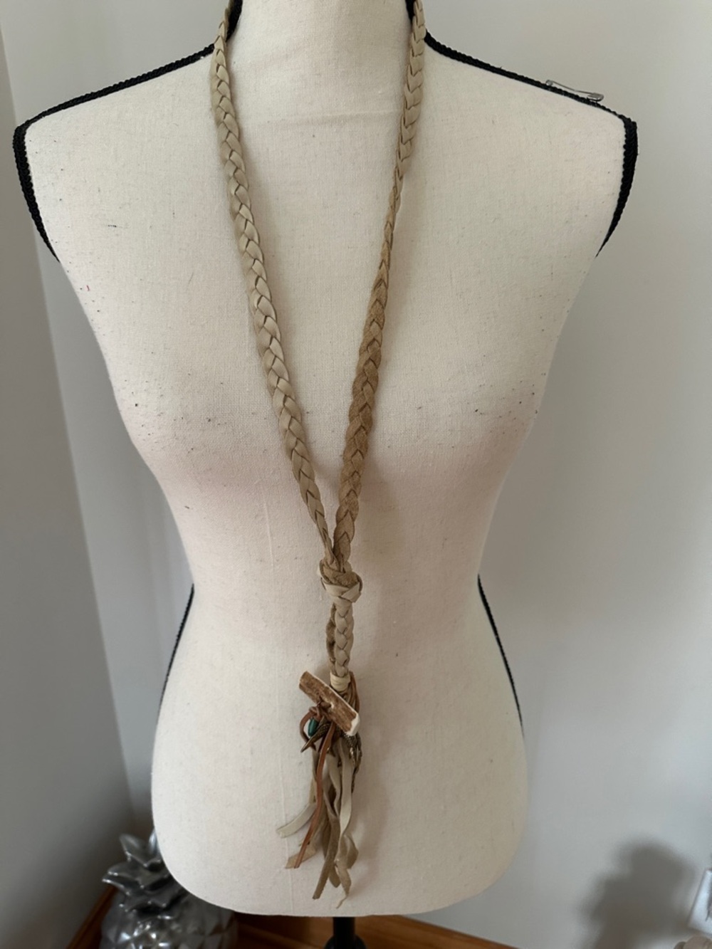 Boho Braided Suede Faux Antler Fringe Bird Tassel Long Necklace
